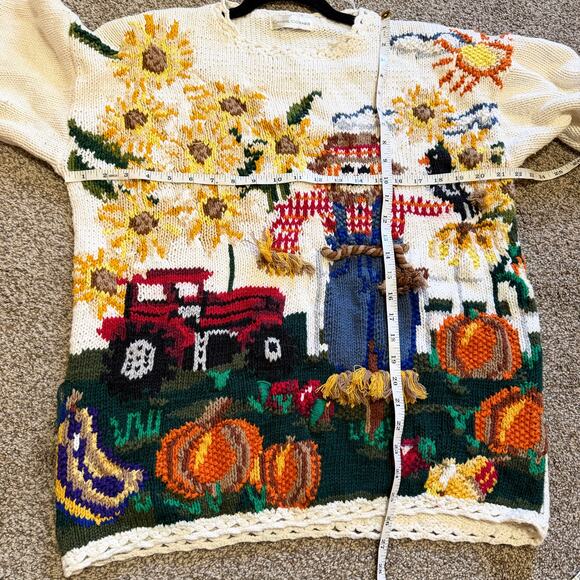 VTG 90s Casual Corner Scarecrow Fall Hand Knit Sweater - Picture 5 of 5